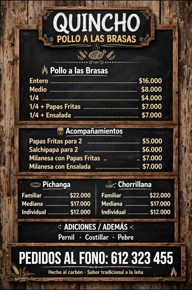 Carta del Quincho Pollo a las Brasas con todos los precios